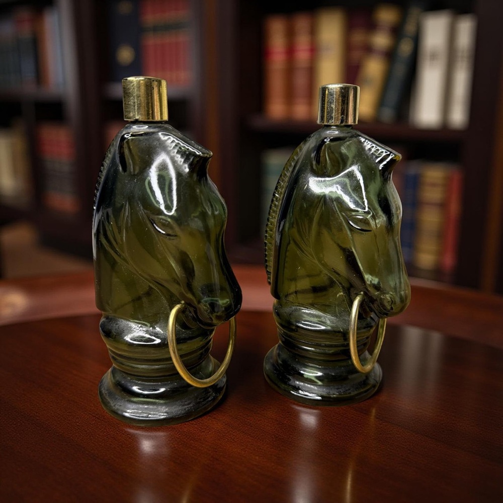 Vintage 1970's Avon Green Glass Horse Head Aftershave Bottles